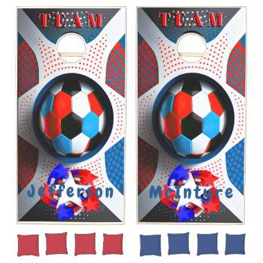 Fun Red White Blue Custom Soccer Monogram Cornhole Set