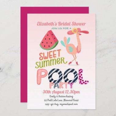 Fun Tropical Flamingo Pool Party Pink Blue Modern Invitations
