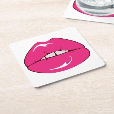 Funny Cosmetologist Makeup Artist Pink Lips Kiss Square Paper Coaster