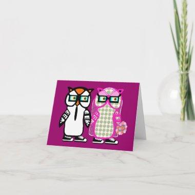 Funny Hipster Owl Wedding Bride & Groom Blank Invitations