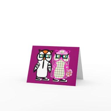 Funny Hipster Owl Wedding Bride & Groom Blank Invitations