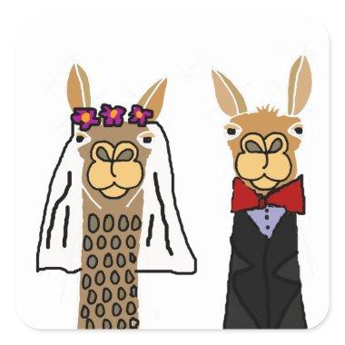 Funny Llama Bride and Groom Wedding Art Square Sticker