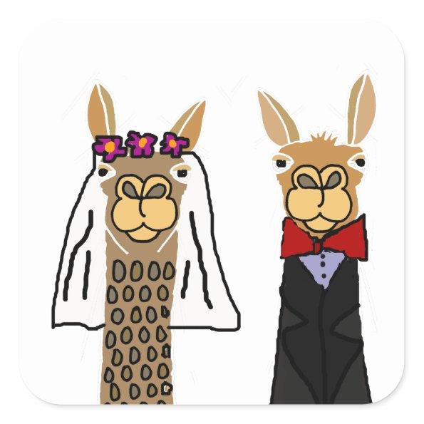 Funny Llama Bride and Groom Wedding Art Square Sticker