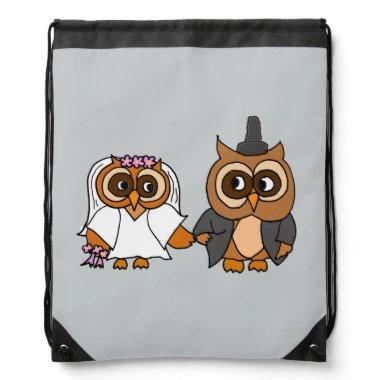 Funny Owl Bride and Groom Wedding Drawstring Bag
