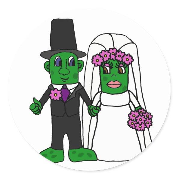 Funny Pickle Bride and Groom Wedding Art Classic Round Sticker