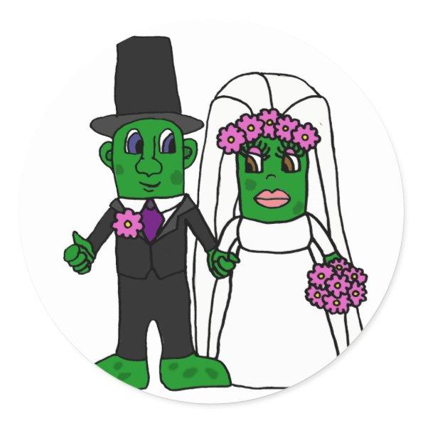 Funny Pickle Bride and Groom Wedding Art Classic Round Sticker