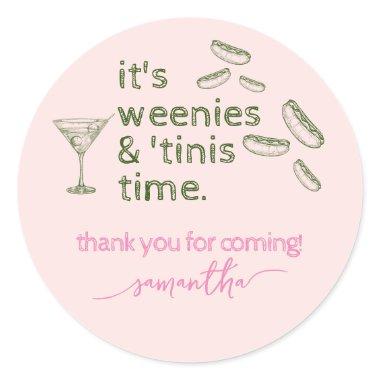 Funny Pink Weenies & Tinis Martini Birthday Party Classic Round Sticker