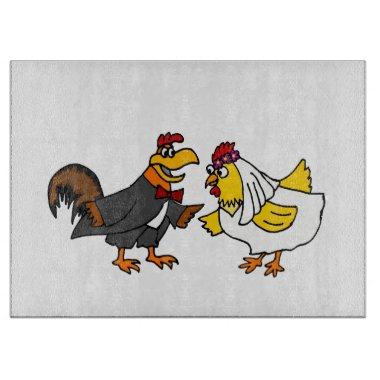 Funny Rooster Groom and Hen Bride Wedding Cutting Board