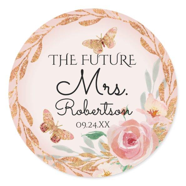 Future Mrs Blush Pink Floral Elegant Bridal Shower Classic Round Sticker