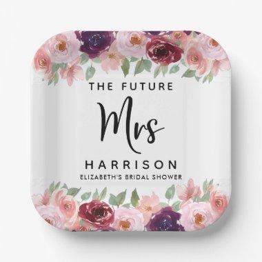 Future Mrs Burgundy Floral Bridal Shower Paper Plates
