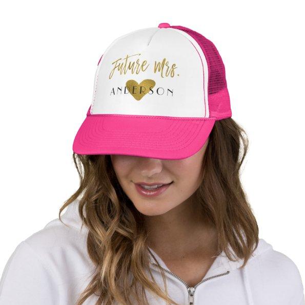 Future Mrs. Faux Gold Foil and Pink with Heart Trucker Hat