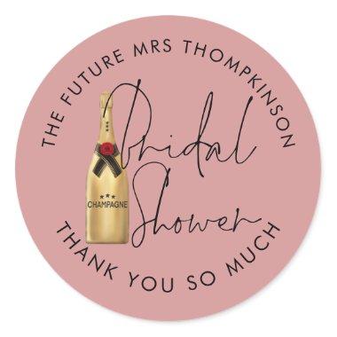 Future Mrs Name Champagne Dusty Rose Bridal Shower Classic Round Sticker