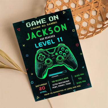 Game On Neon Video Game Birthday Party Invitations
