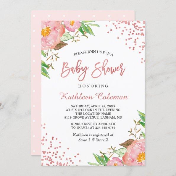 Garden Botanical Pink Floral Dots Baby Shower Invitations