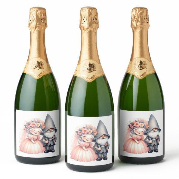 Garden Gnome Bride Groom Fairytale Rustic Wedding Sparkling Wine Label