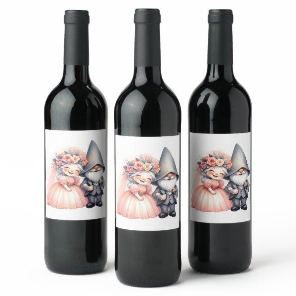 Garden Gnome Bride Groom Fairytale Rustic Wedding Wine Label