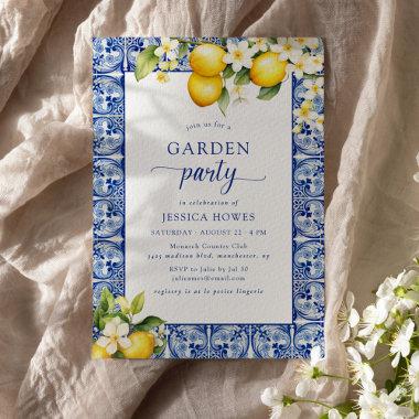 Garden Party Blue & Lemons Bridal Shower Invitations
