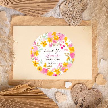 Garden yellow pink floral watercolor bridal shower classic round sticker