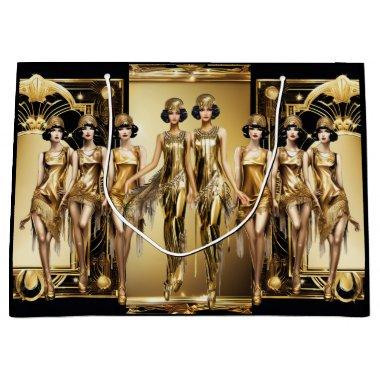 Gatsby flapper girls gold black theme event large gift bag