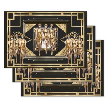 Gatsby gold Flappers black retro 1920's decoupage Wrapping Paper Sheets