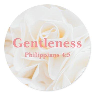 Gentleness Bible Verse with Elegant White Rose Classic Round Sticker