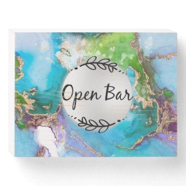 Geode agate look peacock colors stone open bar wooden box sign