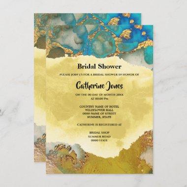 Geode chic gold blue agate watercolor bridal Invitations