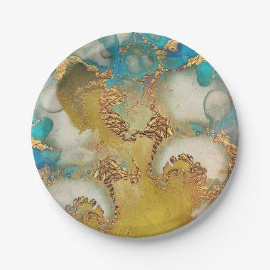 Geode faux gold blue agate watercolor chic party paper plates