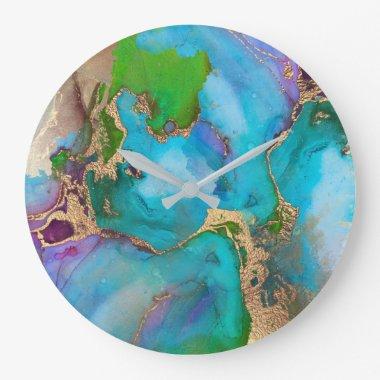Geode faux gold peacock colors agate gemstone large clock