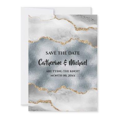 Geode watercolor gold silver white agate save date holiday Invitations