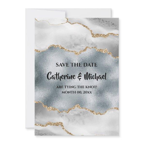 Geode watercolor gold silver white agate save date holiday