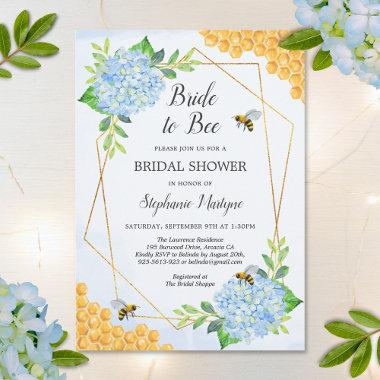 Geometric Blue Hydrangea Honey Bee Bridal Shower Invitations