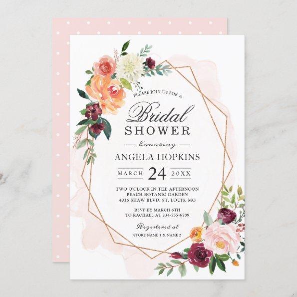 Geometric Blush Watercolor Floral Bridal Shower Invitations