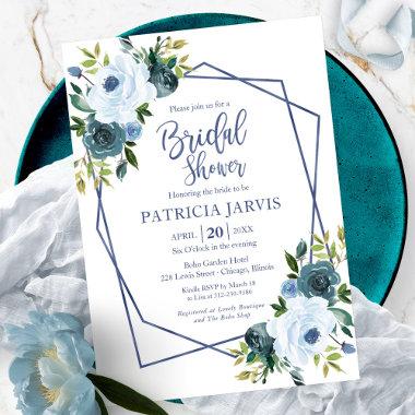Geometric Dusty Blue Floral Bridal Shower Invitations