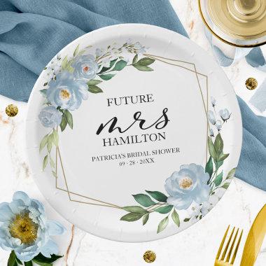 Geometric Dusty Blue Floral Bridal Shower Paper Plates