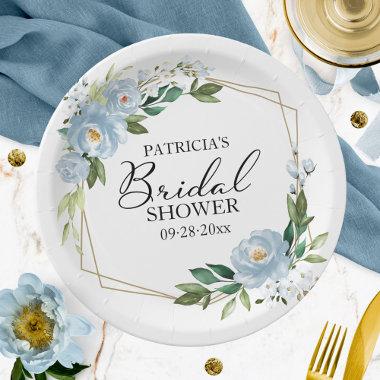 Geometric Dusty Blue Floral Bridal Shower Paper Plates