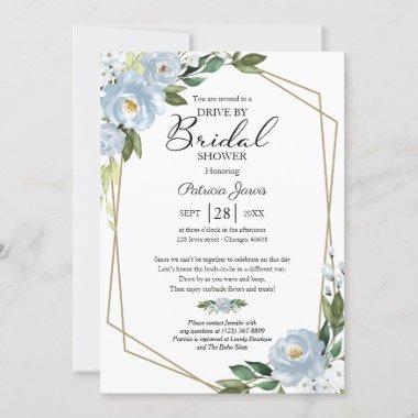 Geometric Dusty Blue Floral Drive By Bridal Shower Invitations