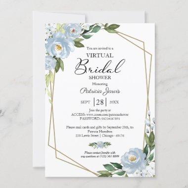 Geometric Dusty Blue Floral Virtual Bridal Shower Invitations