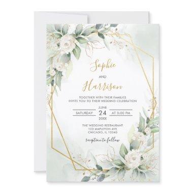 Geometric Elegant Sage and Gold Greenery Wedding Invitations