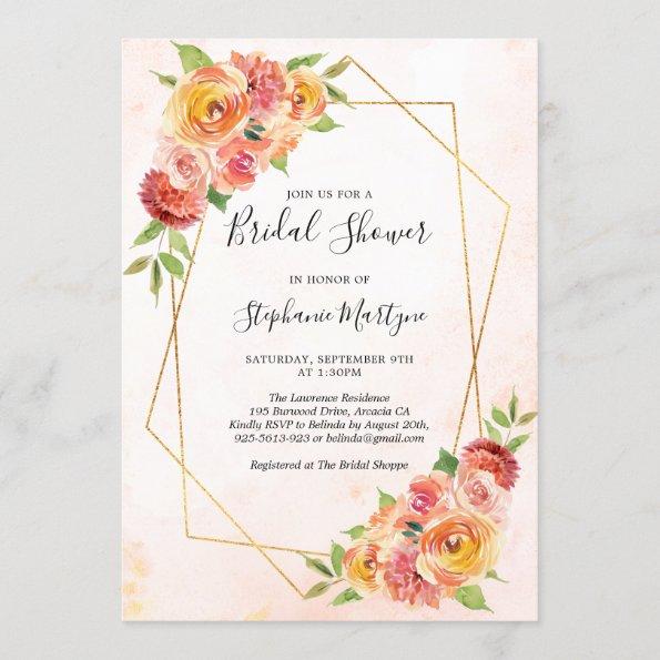 Geometric Fall Floral Watercolor Bridal Shower Invitations