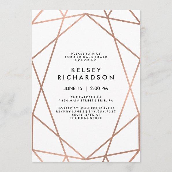 Geometric Faux Rose Gold on White Bridal Shower Invitations