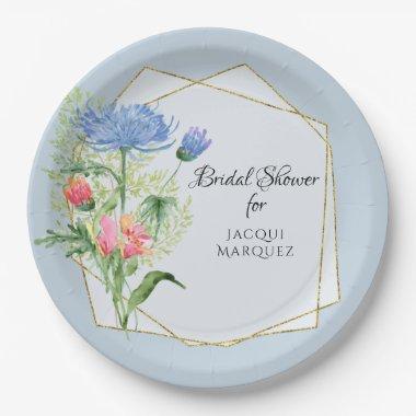Geometric Floral Bridal Shower Dusty Blue n Pink Paper Plates