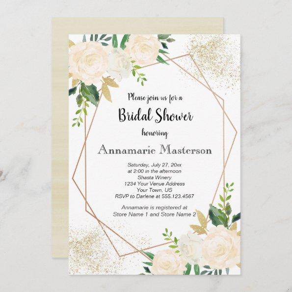 Geometric Floral Cream White Roses Bridal Shower | Invitations