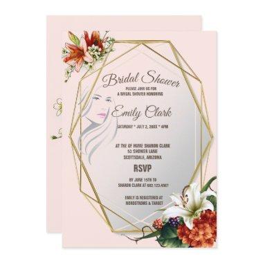 Geometric Frame with Tropical Lilies Bridal Shower Invitations