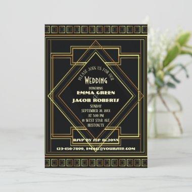 Geometric Gold black great gatsby Art Deco wedding Invitations