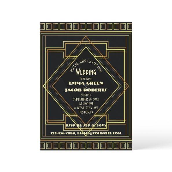 Geometric Gold black great gatsby Art Deco wedding Invitations