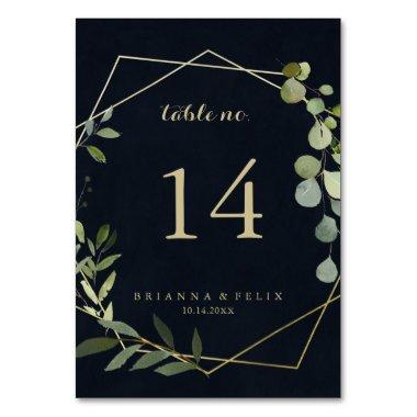 Geometric Gold Blue Green Calligraphy Wedding Table Number