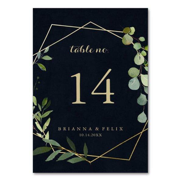 Geometric Gold Blue Green Calligraphy Wedding Table Number