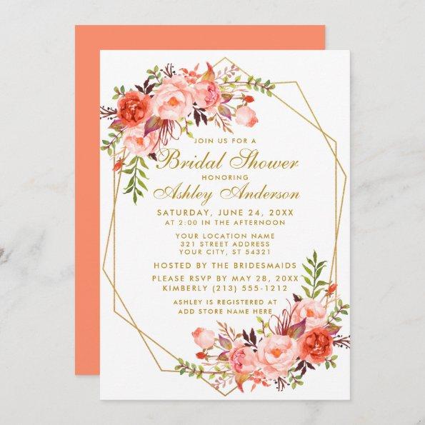 Geometric Gold Coral Floral Bridal Shower Invitations