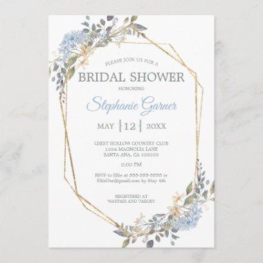 Geometric Gold Dusty Blue Florals Bridal Shower Invitations